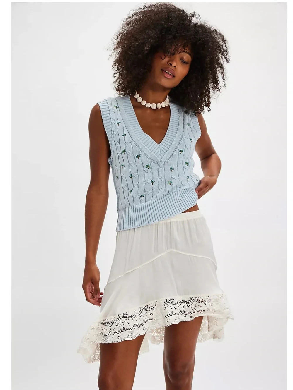 Free People Plumeria Palm Tree Sky Blue Cotton Sweater Vest Size Medium NWT